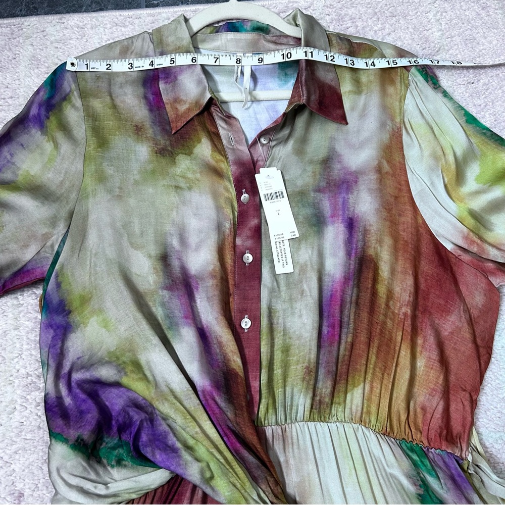 NWT Anthropologie Multicolor Midi Long Sleeve Tie Front Shirt Dress Size Large - Picture 7 of 15